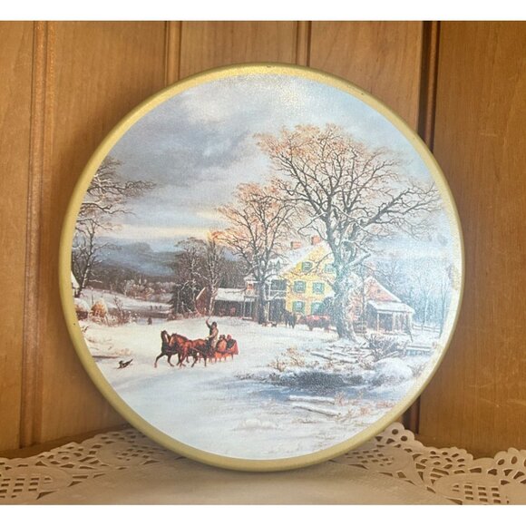 Vintage Currier & Ives Biscuit Tin The Journey Resumed Winter Scene Holiday Deco - Picture 1 of 6